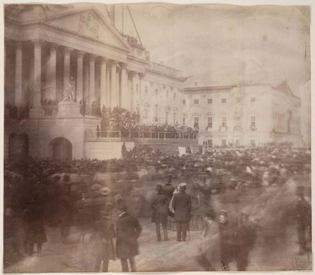 First-Known Photograph of an Inauguration.
Inauguration of James Buchanan, President of the United States, at the East Front of the U.S. Capitol. Albumen print, March 4, 1857. Manuscript Division, Library of Congress (19)
//www.loc.gov/exhibits/inaugural/images/vc88a.jpg